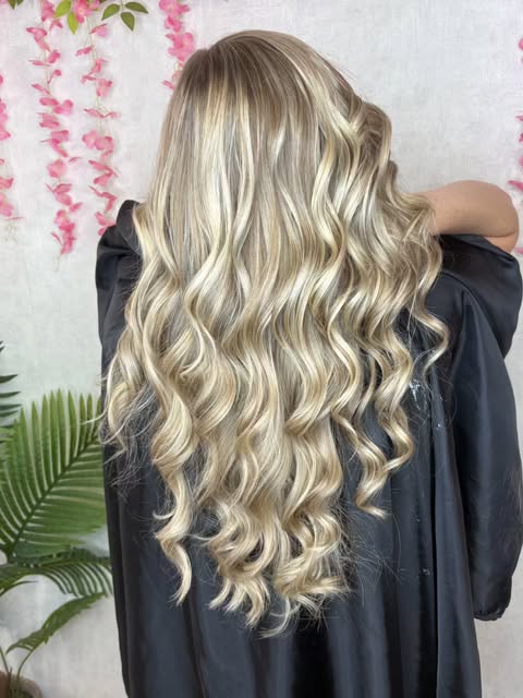 Mèches babylight blondes en boucles, fond de fleurs roses